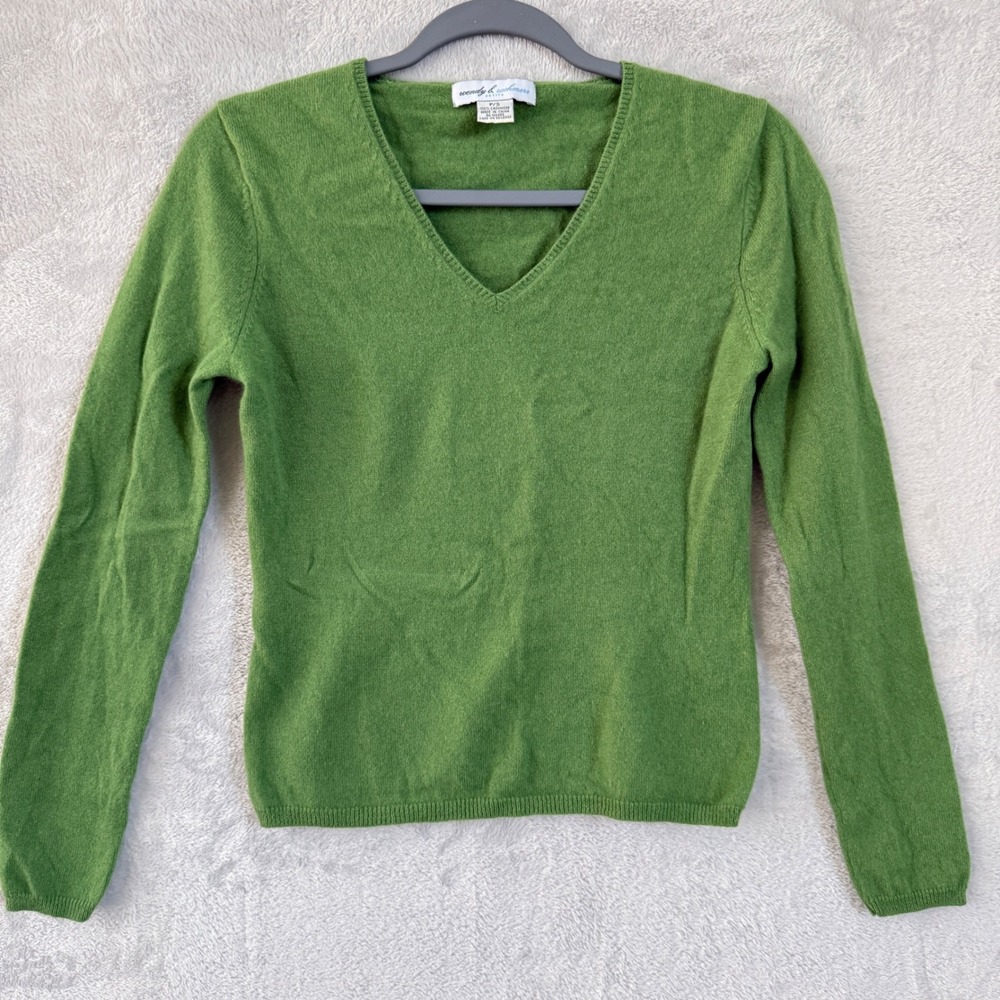 Wendy B Cashmere Petite Small Green V-Neck Long Sleeve Sweater 100% Cashmere - Picture 1 of 7